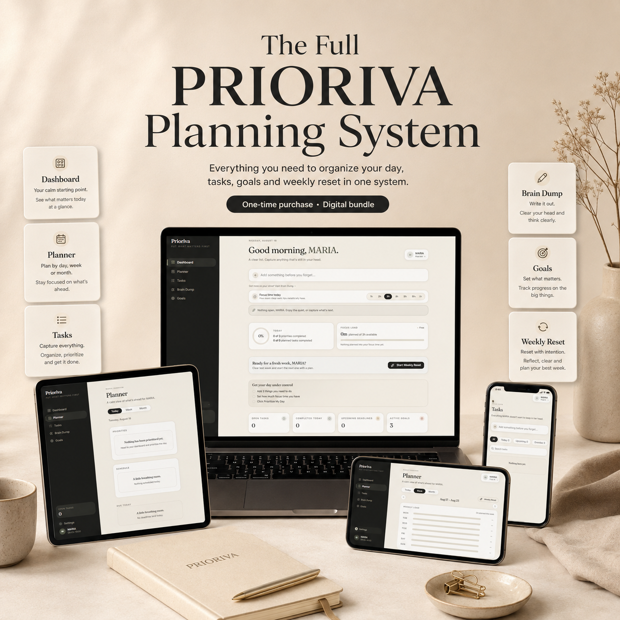 The full PRIORIVA planning system on laptop, tablet, and phones